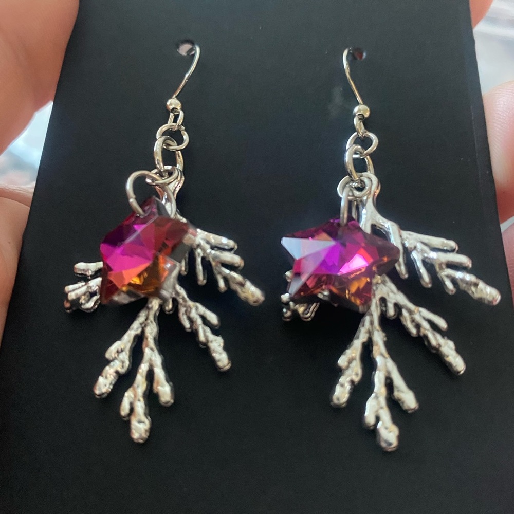 Silver Starburst branch Aurora Earrings with Pink Multicolor Crystals